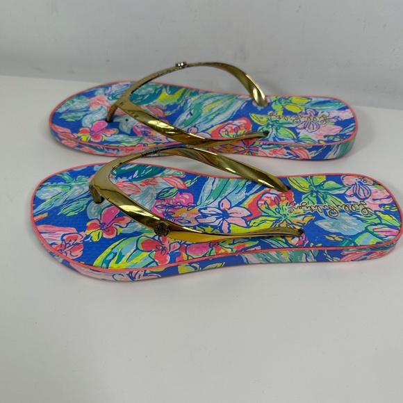 Lilly Pulitzer Flip Flops Women 9/10 Gold Straps w/Pink & Blue - Picture 9 of 14